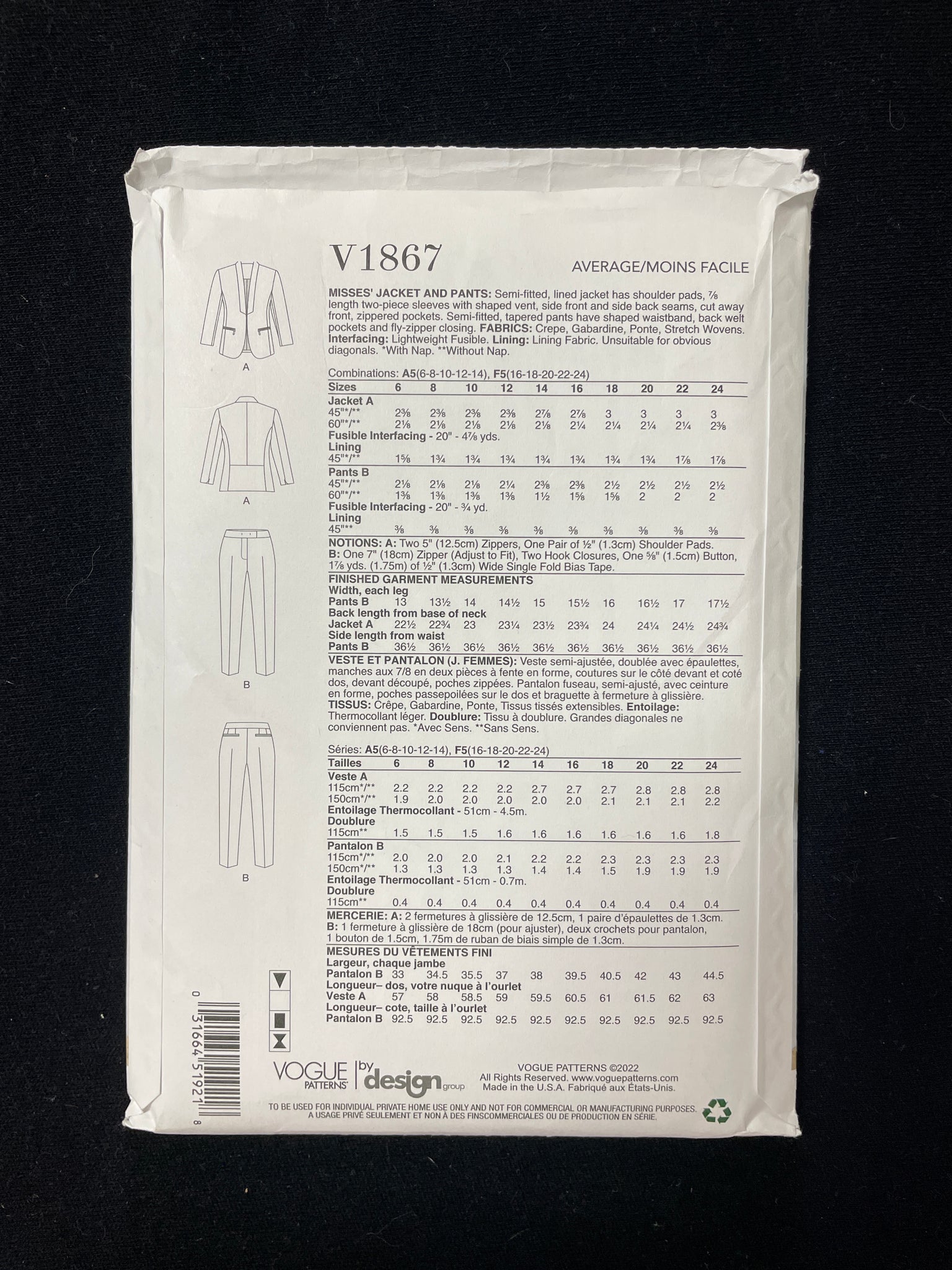 2022 Vogue 1867 Sewing Pattern - Women's Jacket and Pants FACTORY FOLDED