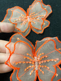 Embroidered Butterfly Applique Motifs Set of 2 - White Organza with Bright Orange Embroidery