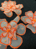 Embroidered Flower Applique Motif - White Organza with Bright Orange Embroidery