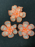 Embroidered Flower Applique Motif - White Organza with Bright Orange Embroidery