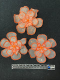 Embroidered Flower Applique Motif - White Organza with Bright Orange Embroidery