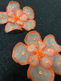 Embroidered Flower Applique Motifs Set of 2 - White Organza with Bright Orange Embroidery