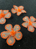 Embroidered Flower Applique Motifs Set of 4 - White Organza with Bright Orange Embroidery