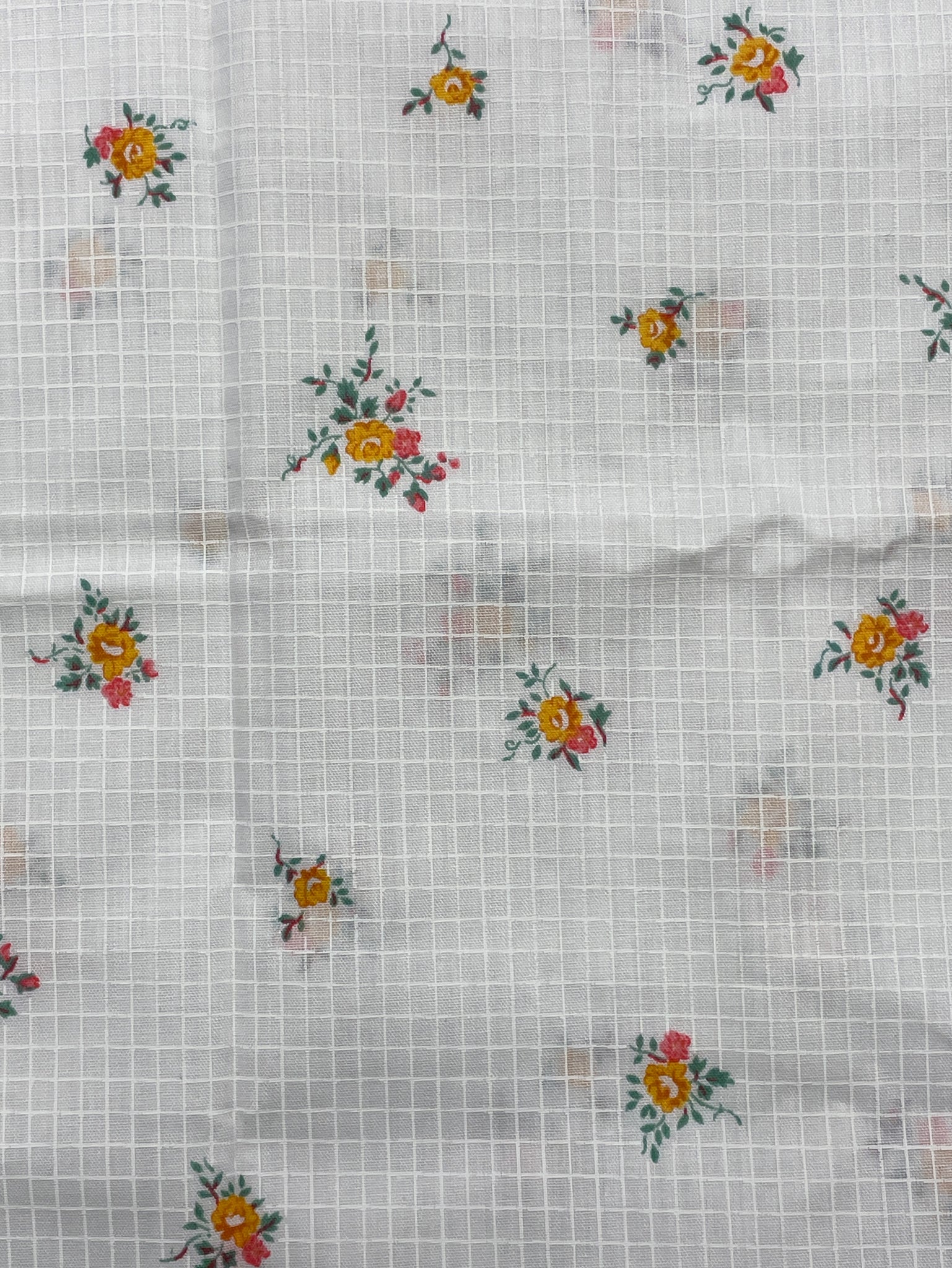 1 1/4 YD Poly/Cotton - White Batiste with White Grid and Orange Flowers