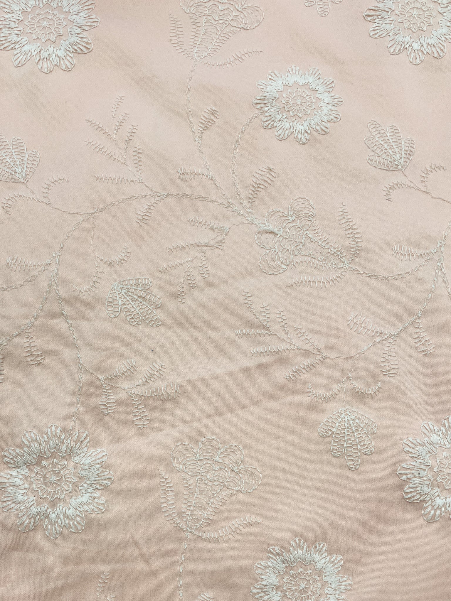 1 5/8 YD Polyester Knit - Light Pink Embroidered with Flowers in White