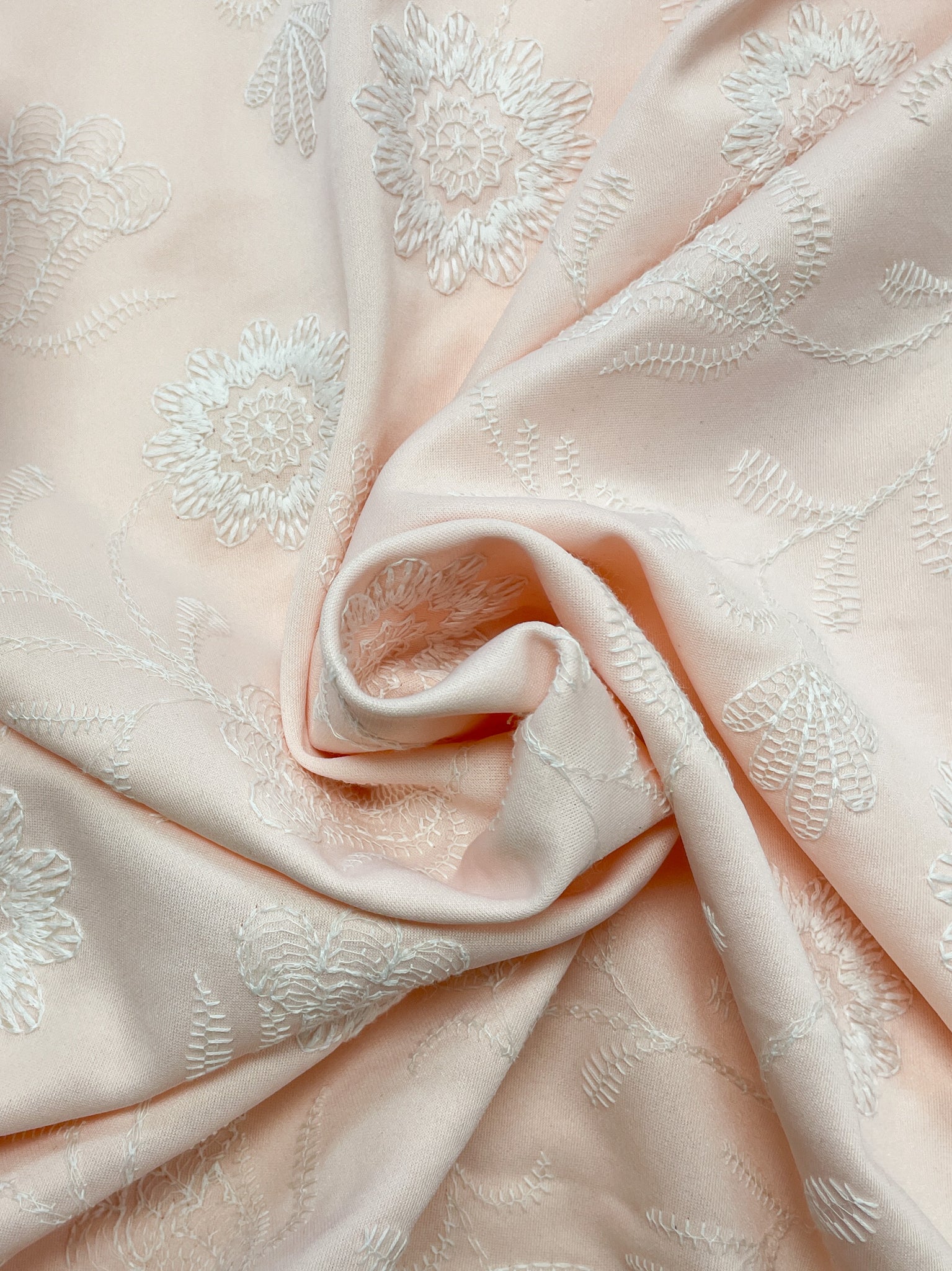 1 5/8 YD Polyester Knit - Light Pink Embroidered with Flowers in White