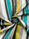 1 3/4 YD Polyester Yarn-Dyed Stripe - Teal, Chartreuse, Black and White Satin Stripes on Matte Gray