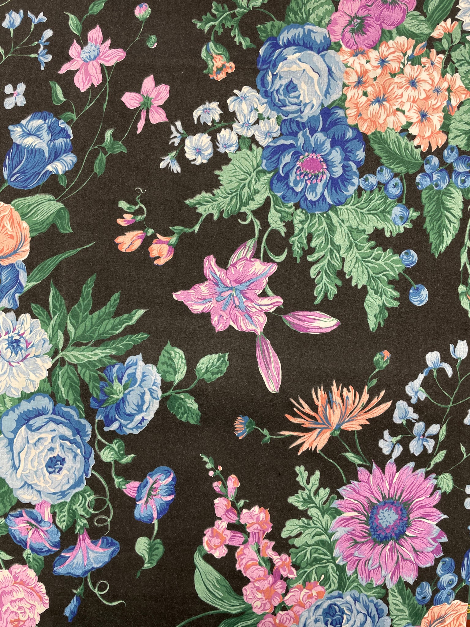 1 3/8 YD Poly/Cotton - Peach, Purple and Blue Flowers on Black