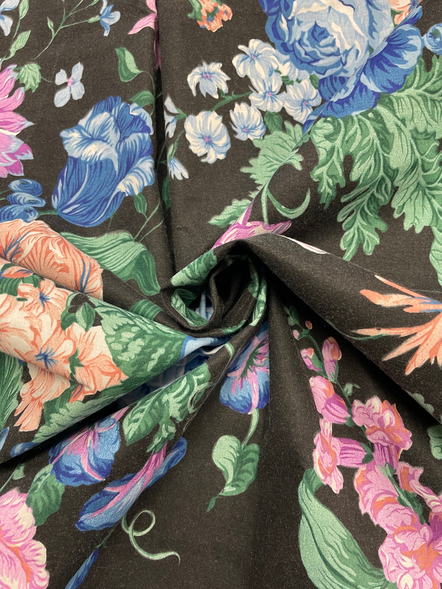 1 3/8 YD Poly/Cotton - Peach, Purple and Blue Flowers on Black