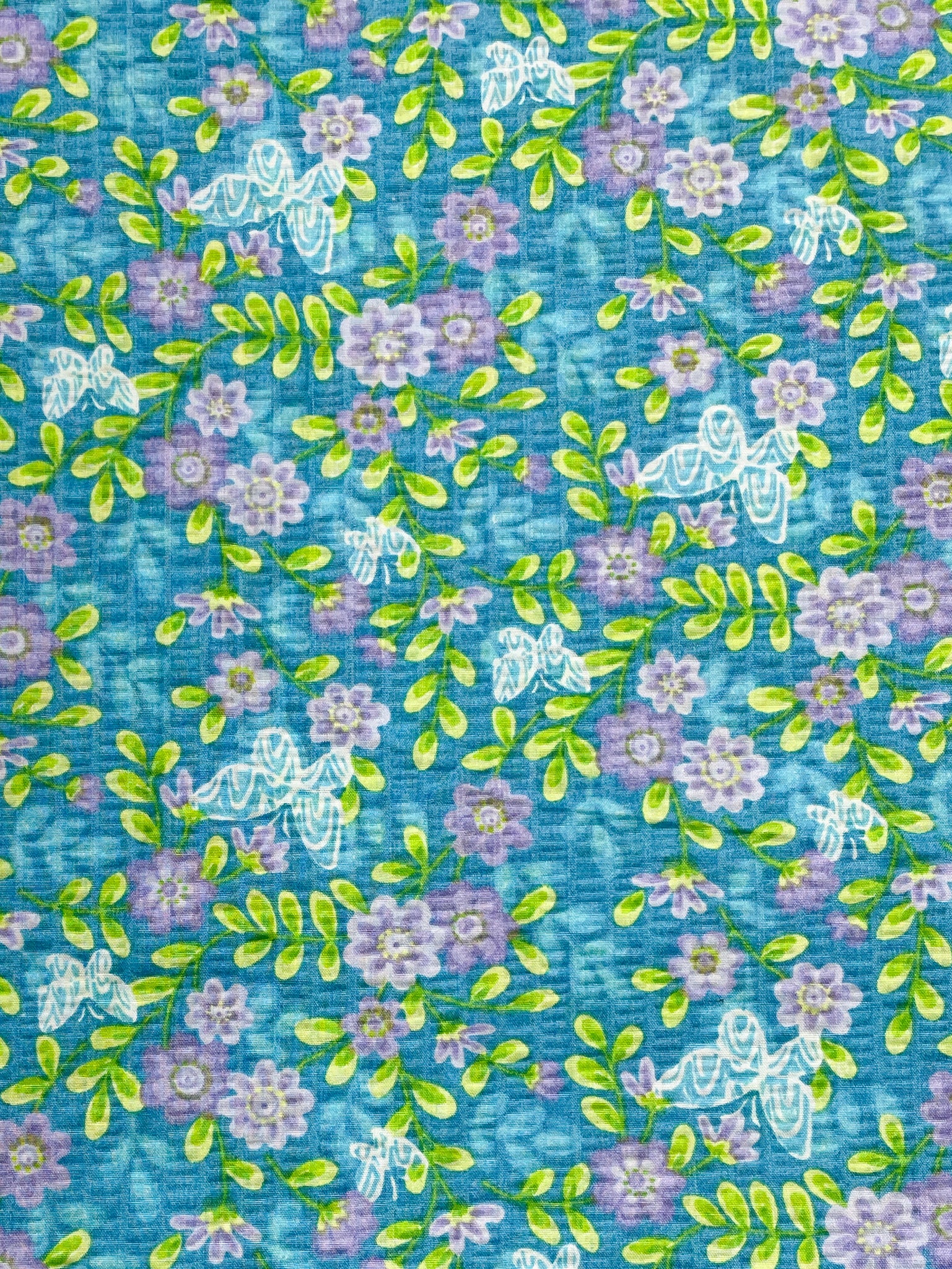 2 1/4 YD Cotton Faux Seersucker - Purple Flowers, Green Sprigs and Aqua Butterflies on Turquoise