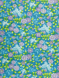 2 1/4 YD Cotton Faux Seersucker - Purple Flowers, Green Sprigs and Aqua Butterflies on Turquoise