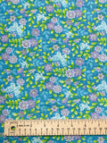 2 1/4 YD Cotton Faux Seersucker - Purple Flowers, Green Sprigs and Aqua Butterflies on Turquoise