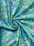2 1/4 YD Cotton Faux Seersucker - Purple Flowers, Green Sprigs and Aqua Butterflies on Turquoise