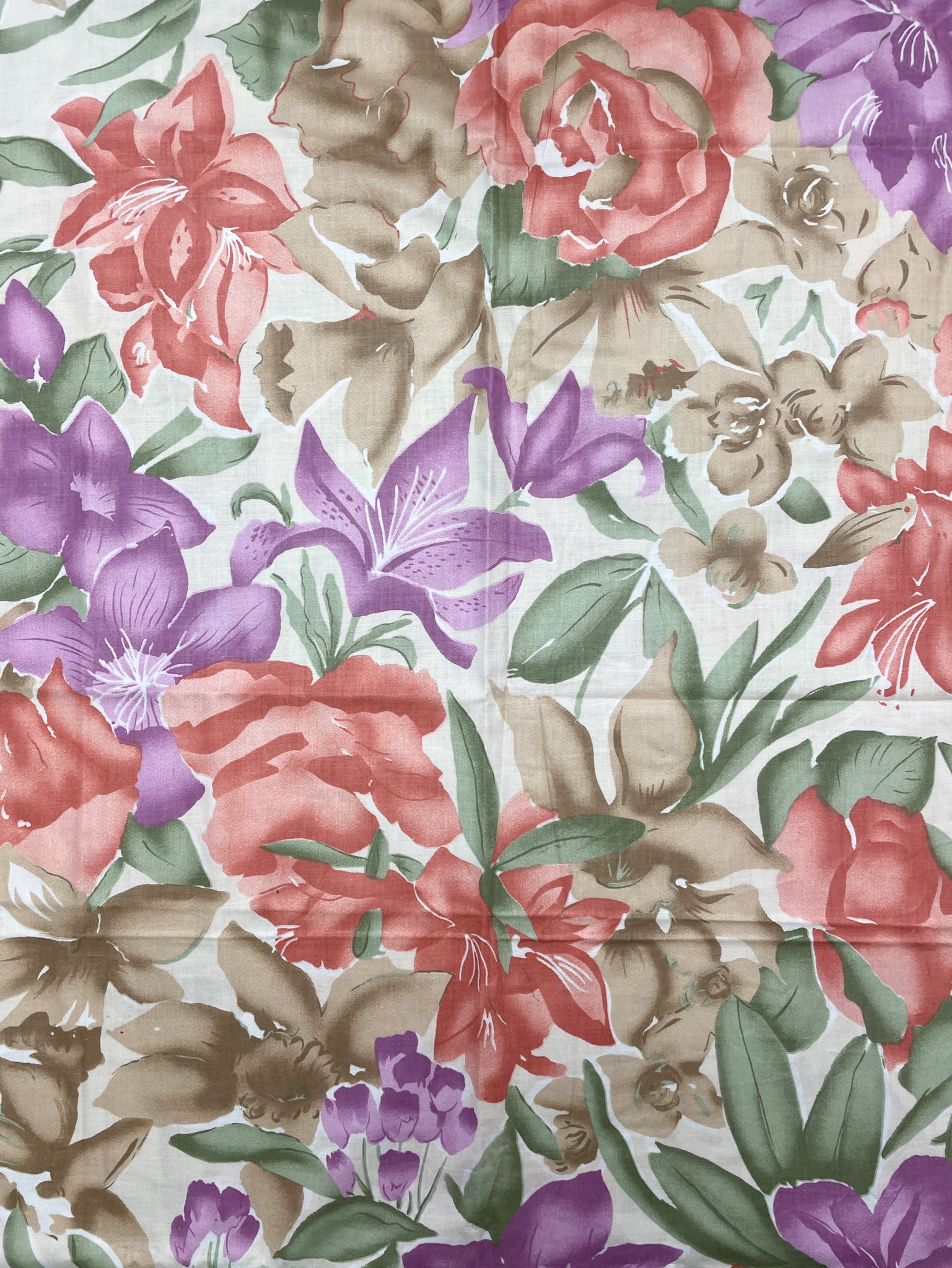 1 YD Cotton - Tan, Purple and Coral Flowers on Off White