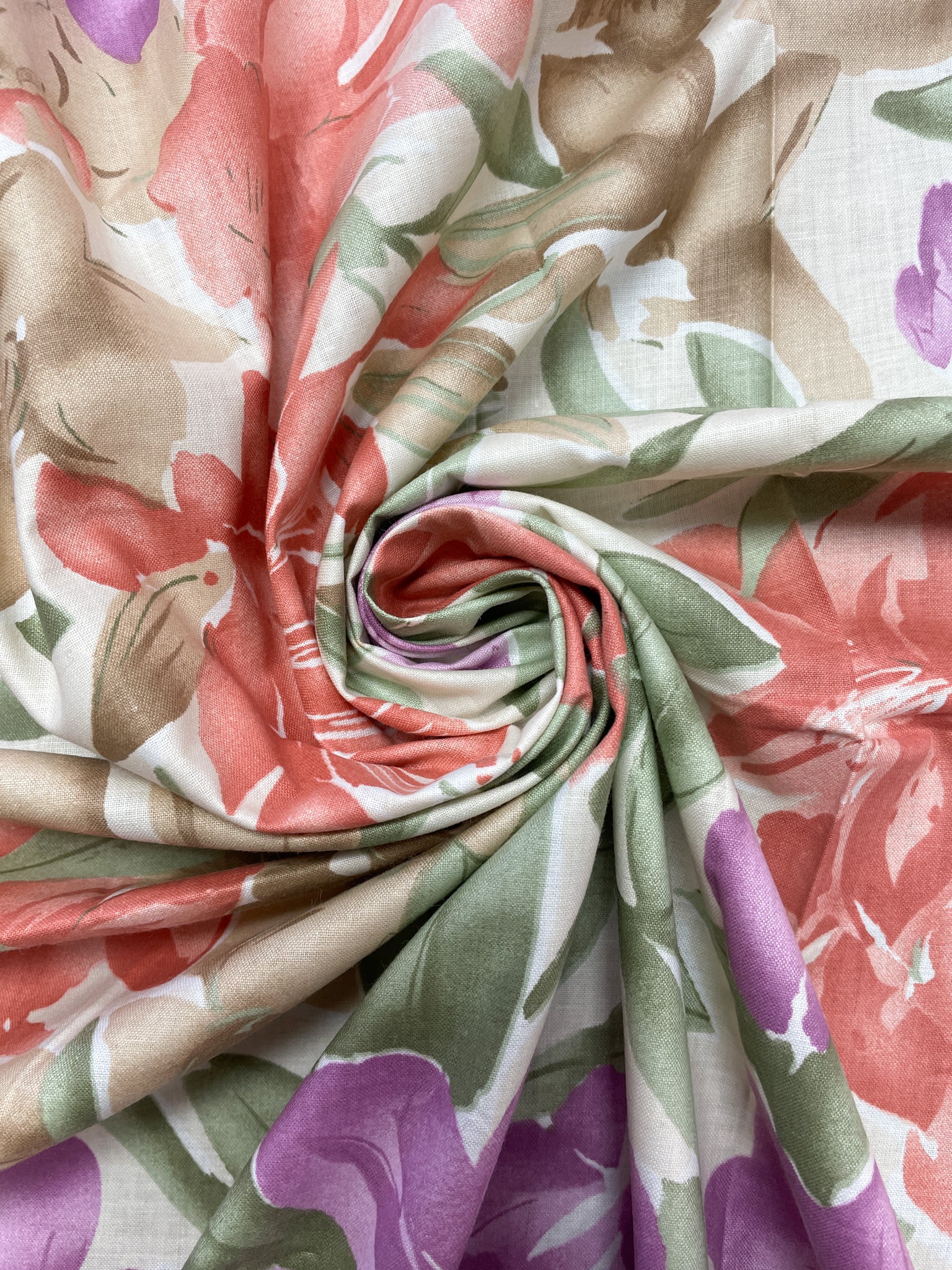 1 YD Cotton - Tan, Purple and Coral Flowers on Off White
