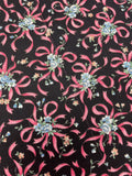 1 7/8+ YD Quilting Cotton Vintage - Blue Flowers Tied with Pink Ribbons on Black