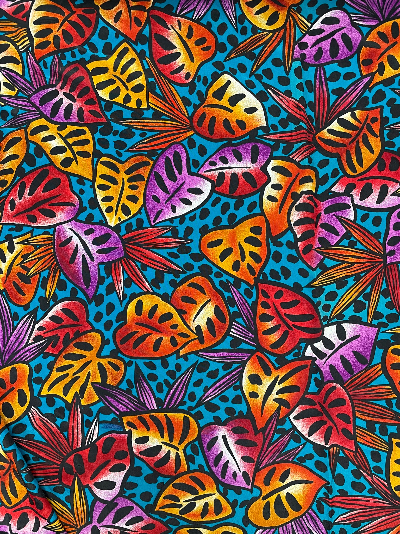 Nylon Vintage - Tropical Leaves in Orange and Purple on Turquoise with Black Dots