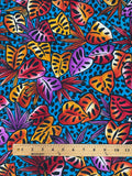 Nylon Vintage - Tropical Leaves in Orange and Purple on Turquoise with Black Dots
