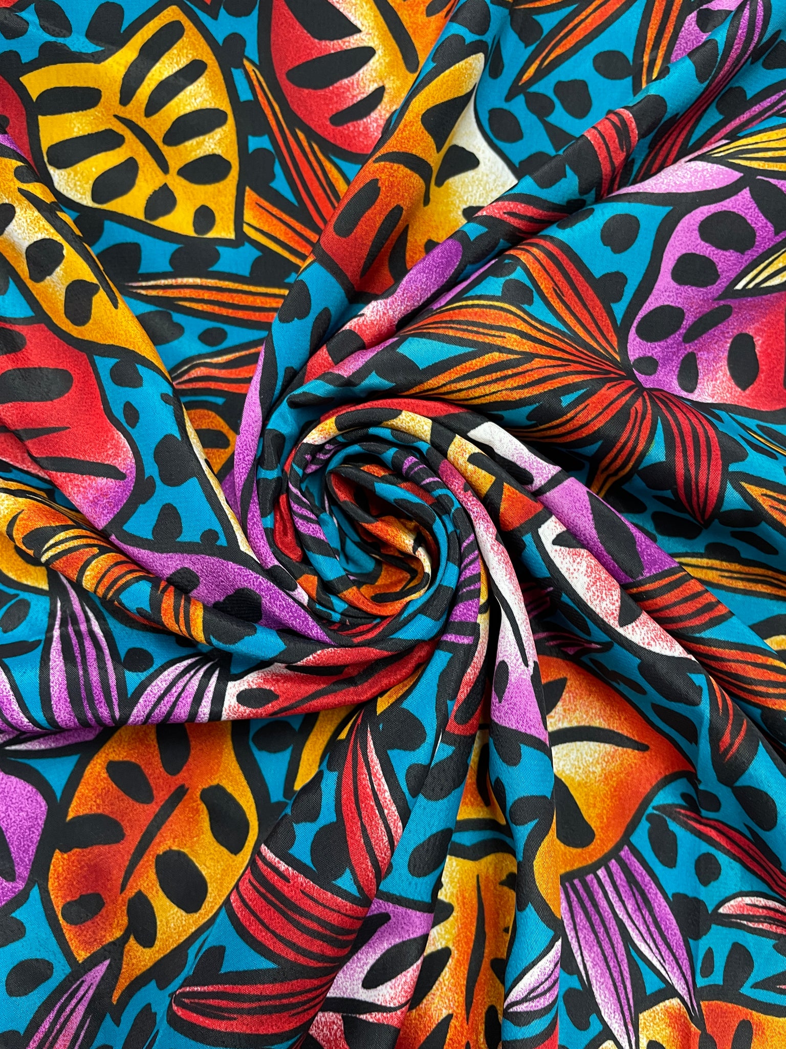 Nylon Vintage - Tropical Leaves in Orange and Purple on Turquoise with Black Dots