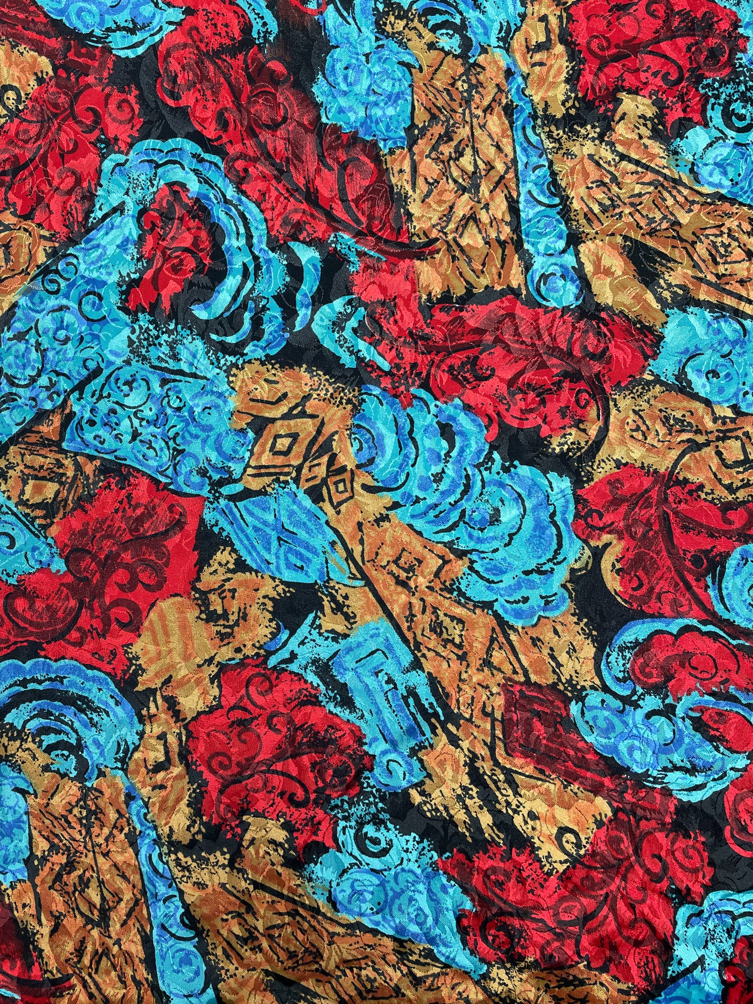 Polyester Printed Jacquard Vintage - Red, Tan and Turquoise