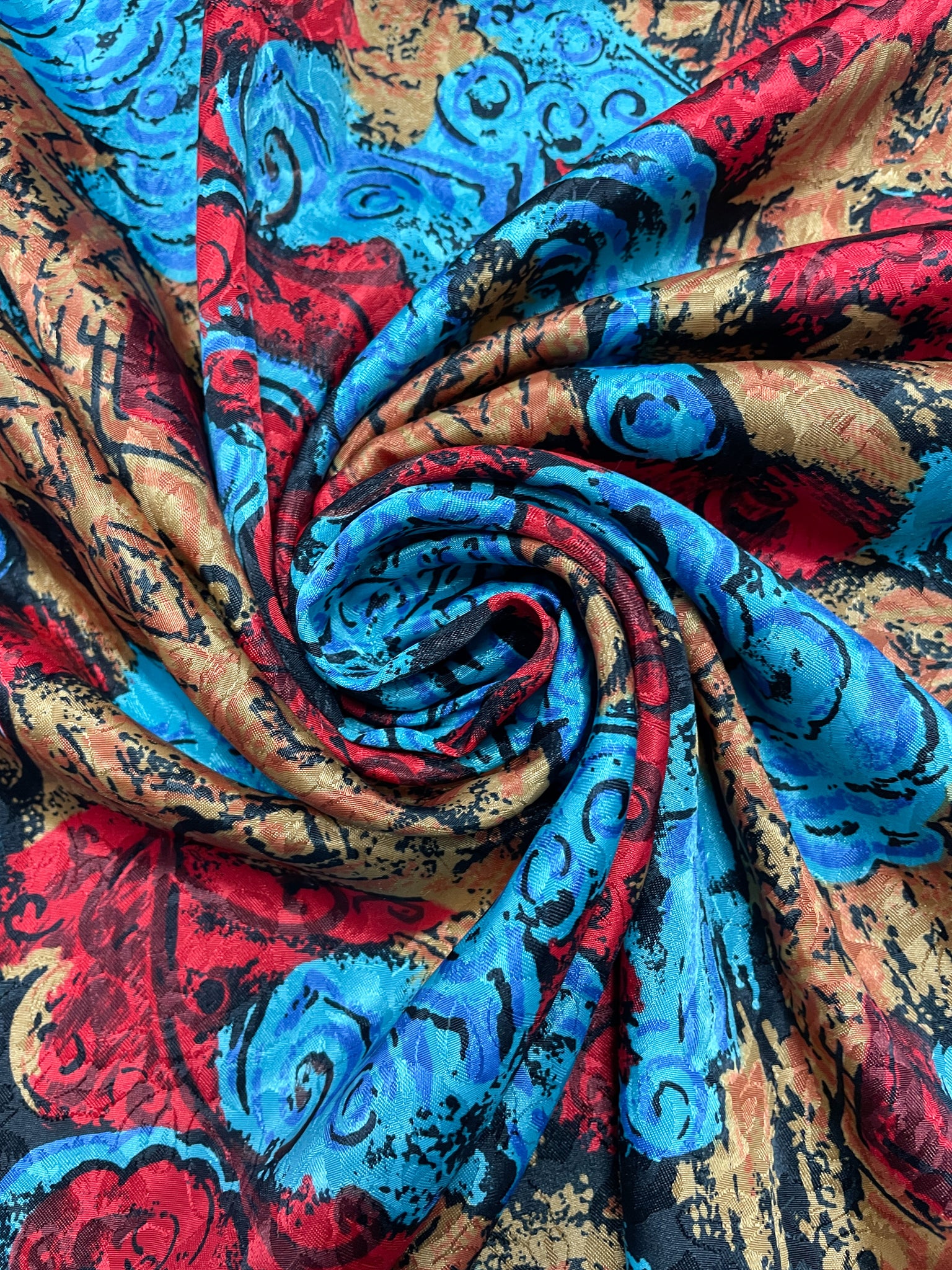 Polyester Printed Jacquard Vintage - Red, Tan and Turquoise
