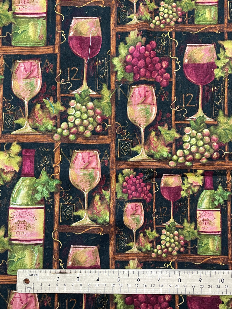 2 YD Quilting Cotton - Wine Bottles and Grapes on Black