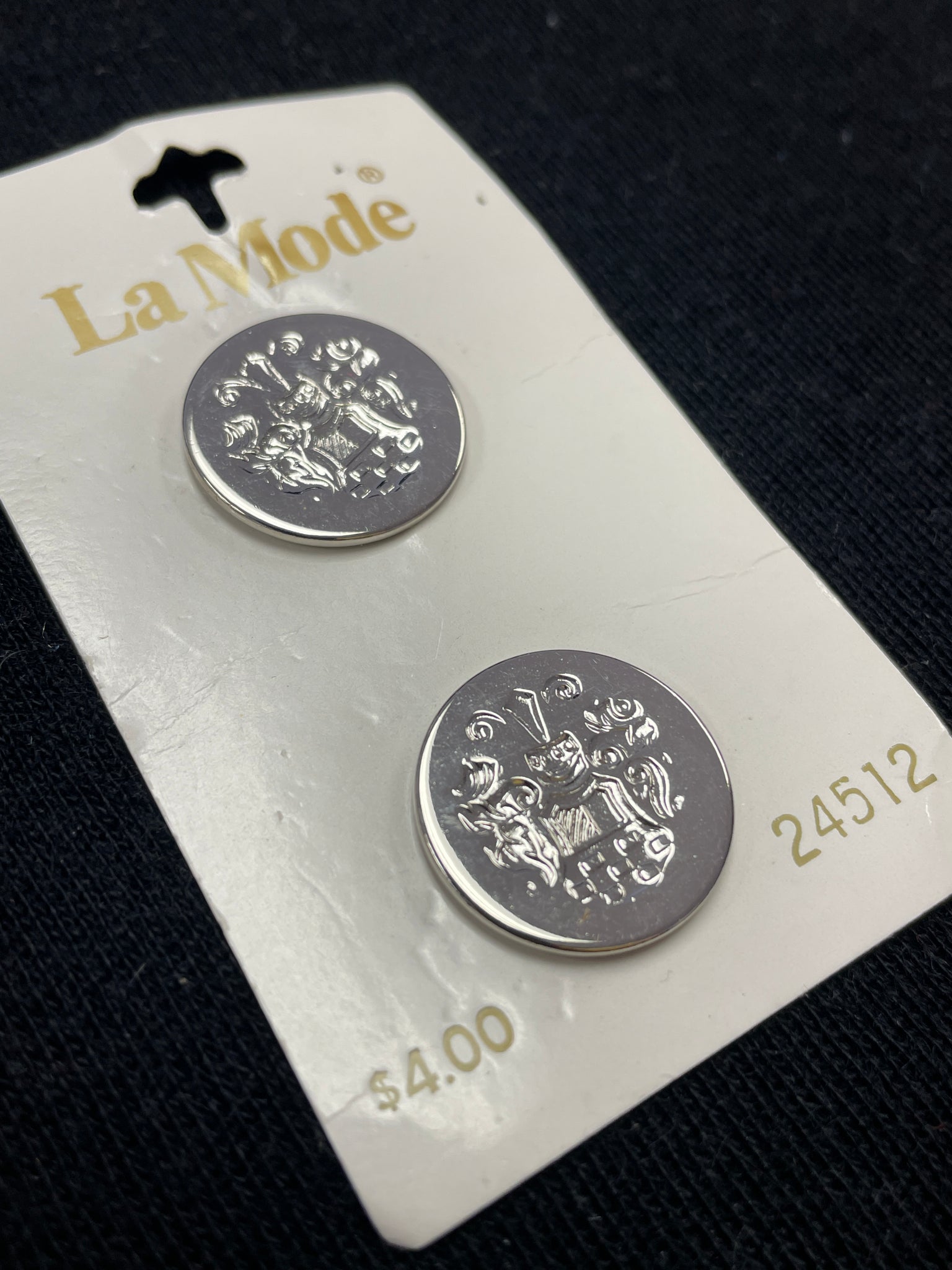 Button Metal Set of 2 - Silver-Tone Embossed with Coat of Arms