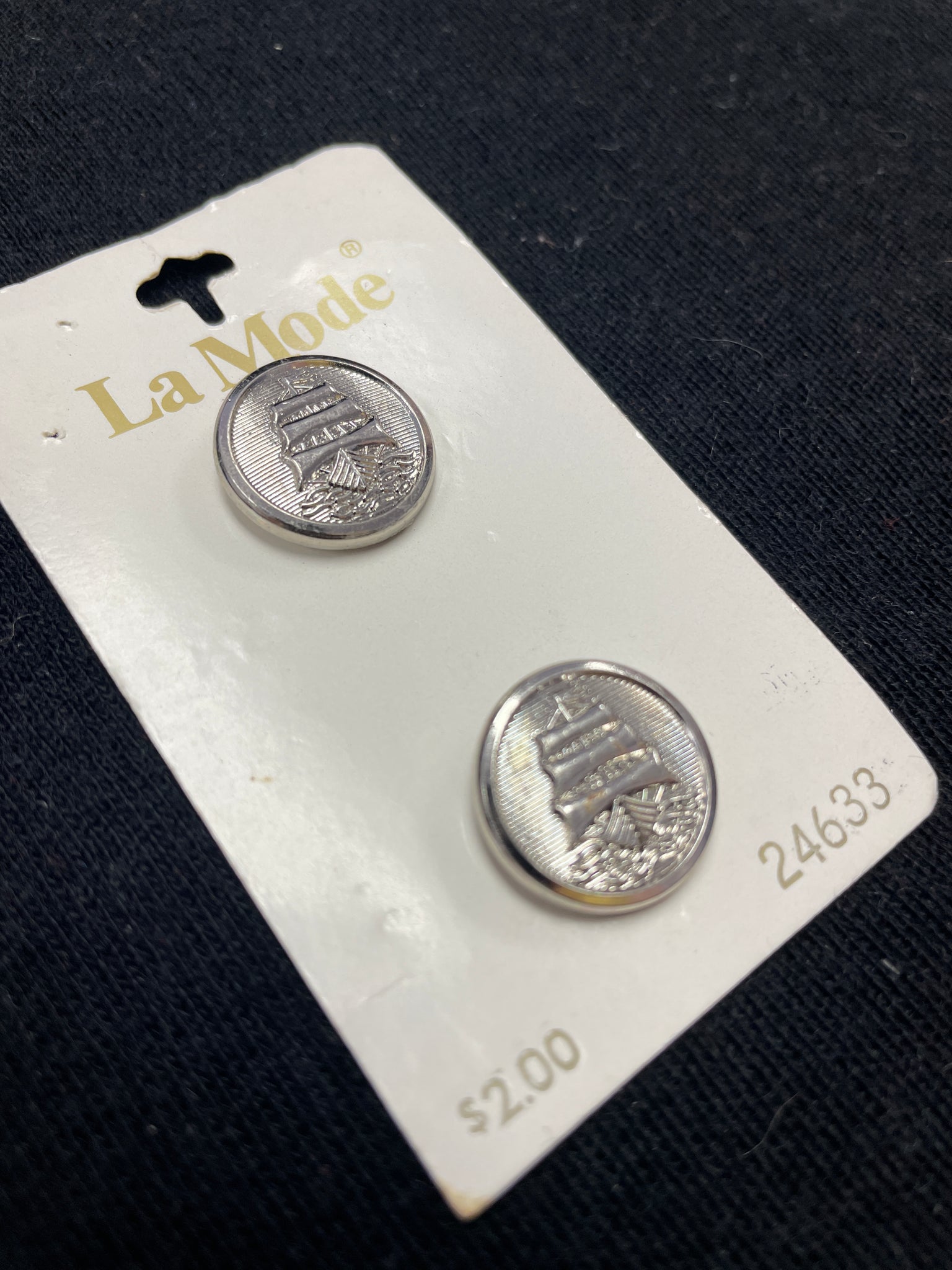 Button Metal Set of 2 - Silver-Tone with a Ship With 3 Sails