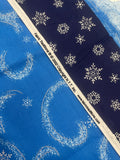 2002 1 3/4 YD Quilting Cotton - Blue with White Snow Flurries and Metallic Silver Accents and 2 Snowmen Boarders