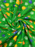 1 2/3 YD Cotton Flannel - Bright Green with Orange, Yellow, Green and Blue Cartoon Fish