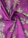 2 3/4 YD Cotton Block-Print Style Vintage - Tropical Flowers and Stripes in Blues and Ochre on Mottled Dark Purple