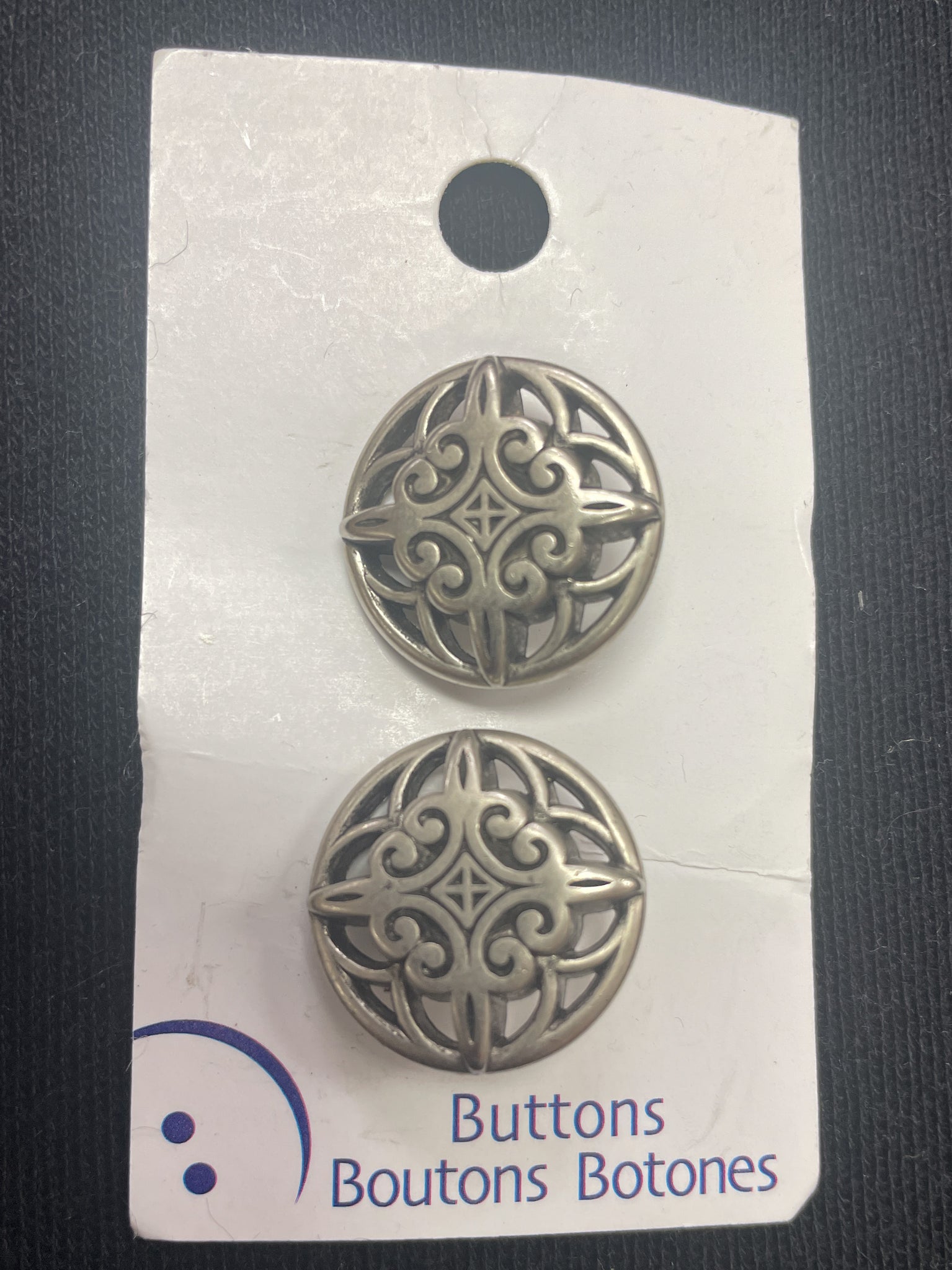 Button Plastic Set of 2 Vintage - Pewter-Toned Filigree