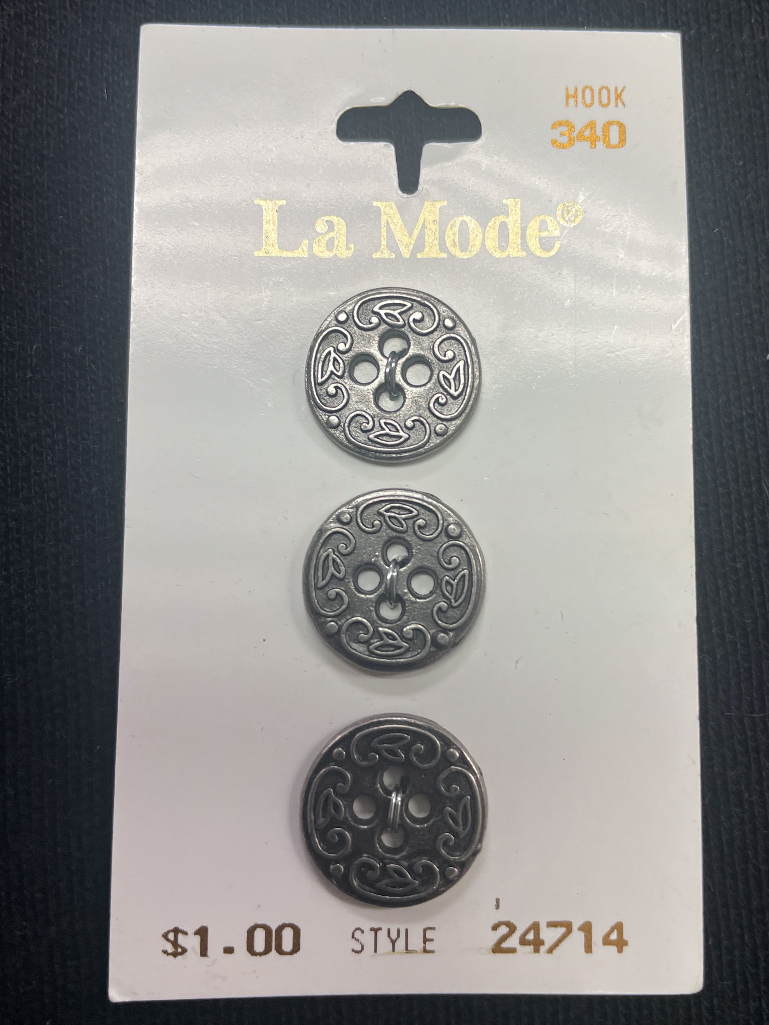 Button Metal Set of 3 - Pewter-Toned Filigree with Leaves