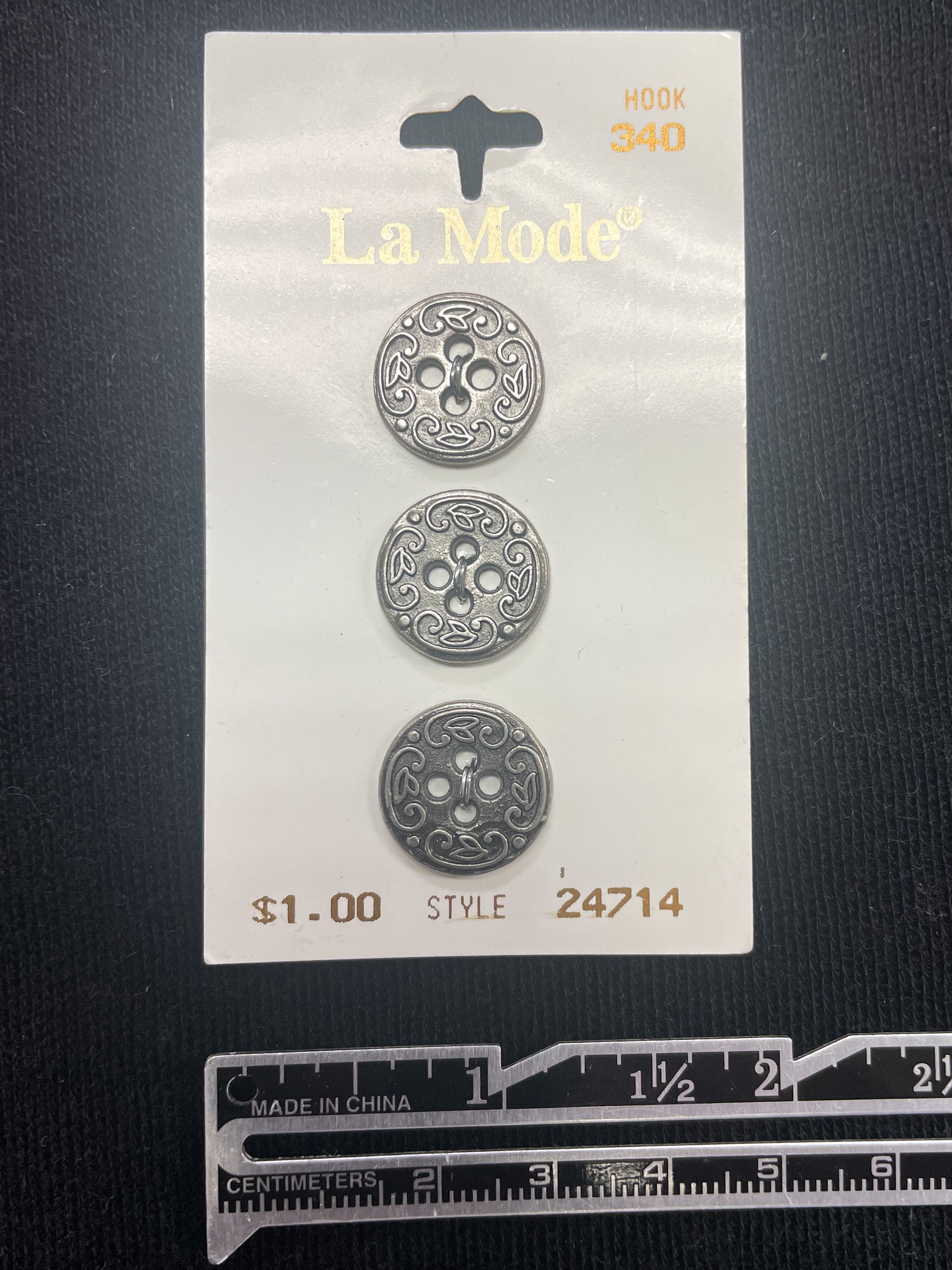 Button Metal Set of 3 - Pewter-Toned Filigree with Leaves