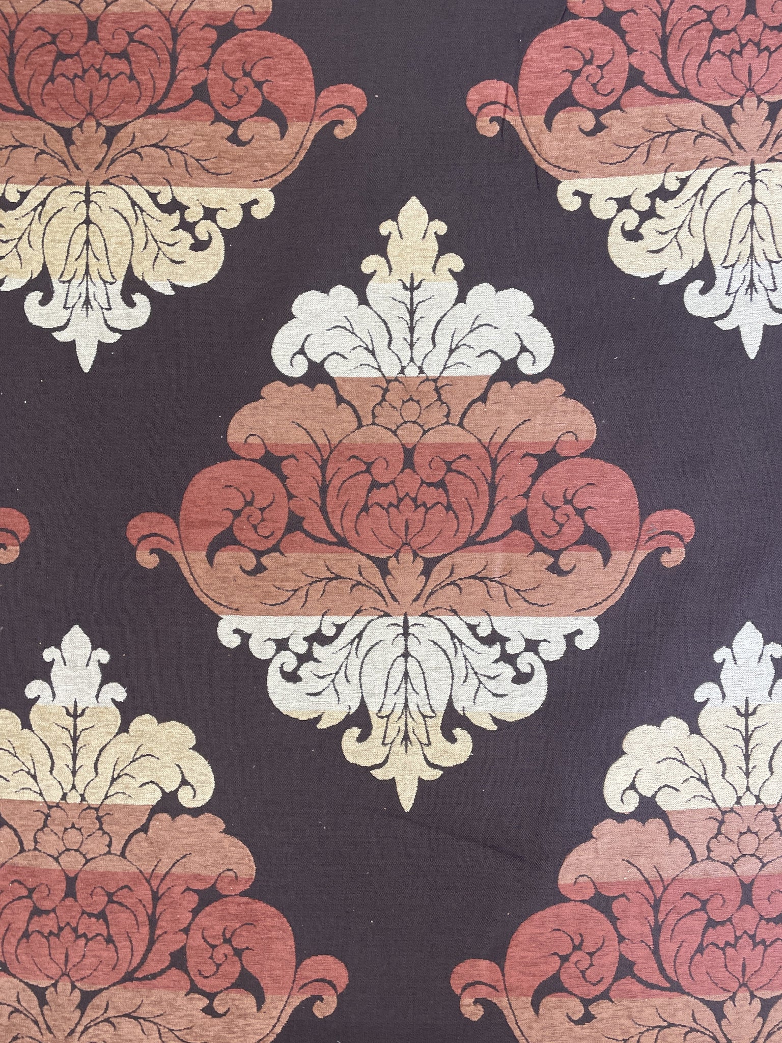 Cotton/Rayon Chenille Brocade - Dark Brown, Rest, Tan and Ecru Filigree