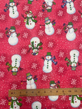 Cotton Flannel - Mottled Red with Snowflakes and Snowmen Wearing Hats and Scarves