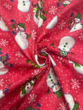 Cotton Flannel - Mottled Red with Snowflakes and Snowmen Wearing Hats and Scarves