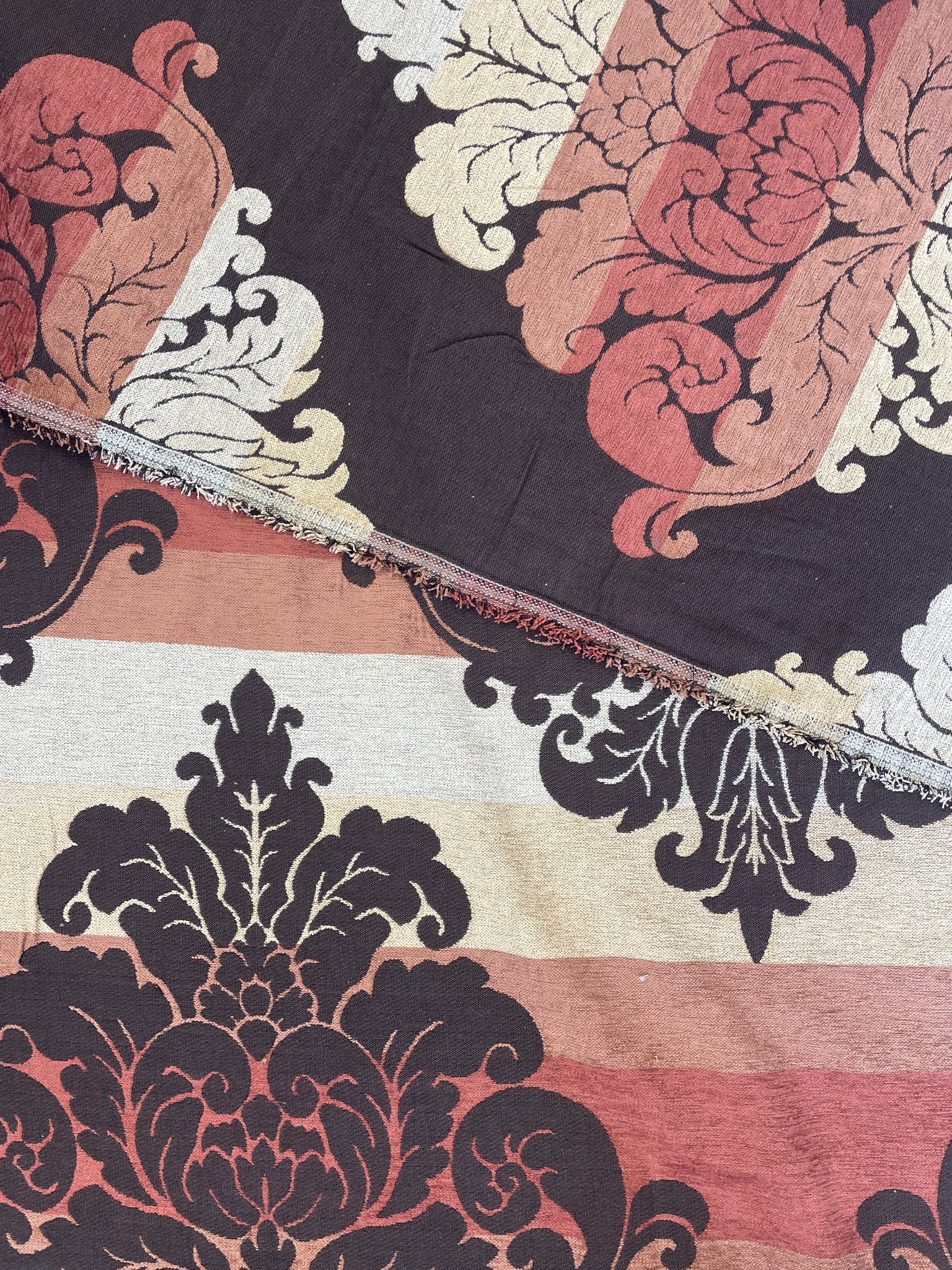 Cotton/Rayon Chenille Brocade - Dark Brown, Rest, Tan and Ecru Filigree