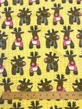2 1/2 YD Cotton Flannel - Bright Yellow with Green Dots and Reindeer Wearing Scarves