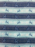 3 1/2 YD Cotton Flannel Printed "Fair Isle" Stripe - Blue and Navy with Reindeer and Snowflakes