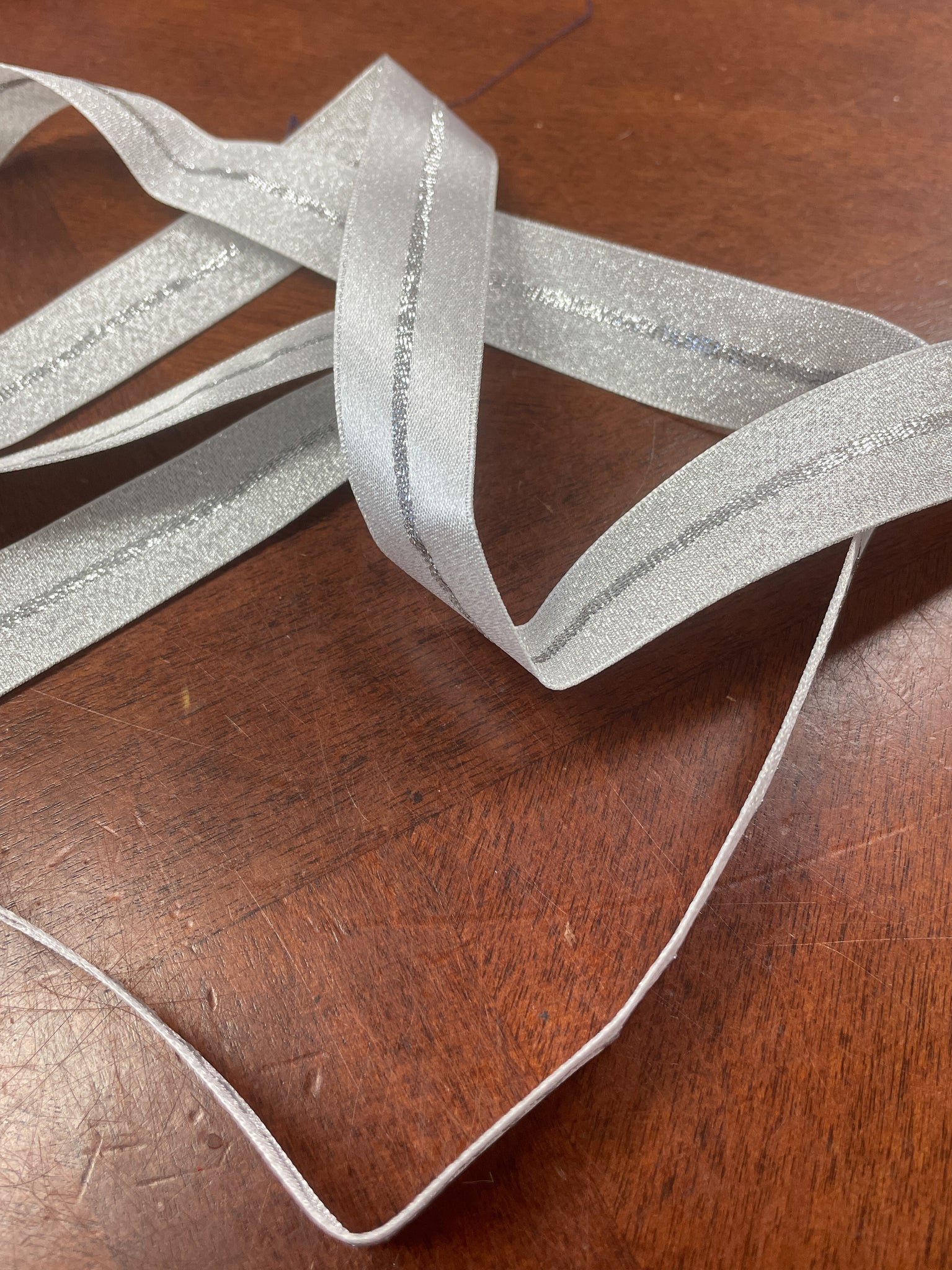 2 7/8 YD Polyester/Metallic Double Faced Ribbon - Silver Satin with Silver Lurex Stripe