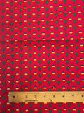 1 YD Poly/Cotton - Yellow and Blue Houses with Green Trees on Red