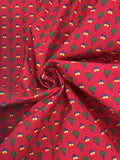 1 YD Poly/Cotton - Yellow and Blue Houses with Green Trees on Red