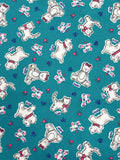 7/8 YD Poly/Cotton Sweatshirt Fleece Remnant - Dogs and Cats on Teal Green