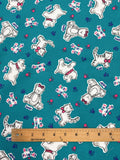 7/8 YD Poly/Cotton Sweatshirt Fleece Remnant - Dogs and Cats on Teal Green