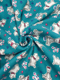 7/8 YD Poly/Cotton Sweatshirt Fleece Remnant - Dogs and Cats on Teal Green