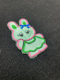 Embroidered Satin Applique Patch - Aqua Rabbit in Green Dress