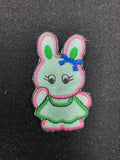 Embroidered Satin Applique Patch - Aqua Rabbit in Green Dress
