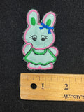 Embroidered Satin Applique Patch - Aqua Rabbit in Green Dress