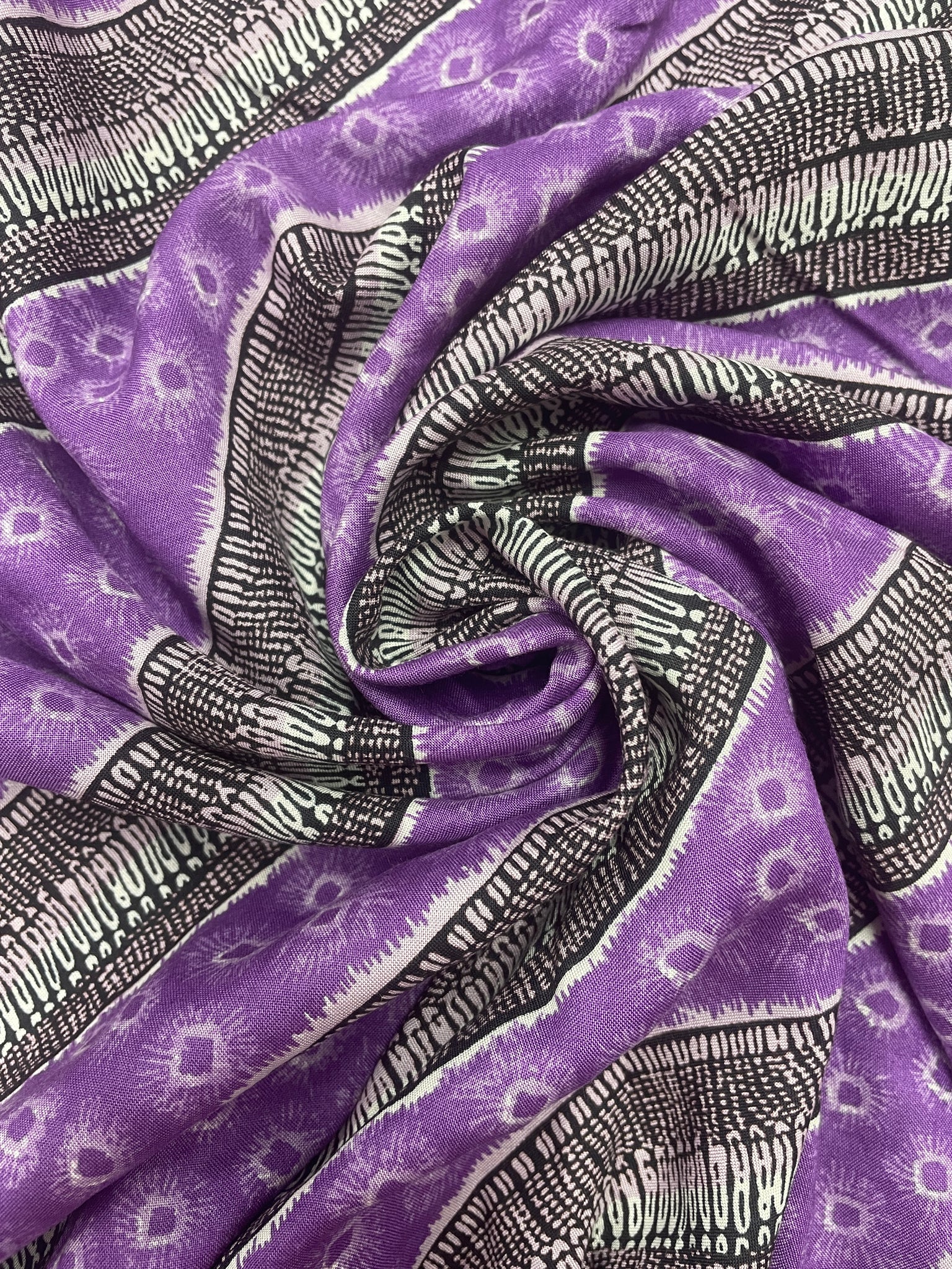 3 1/8 YD Rayon Printed Bias Stripes - Purple, Black and White